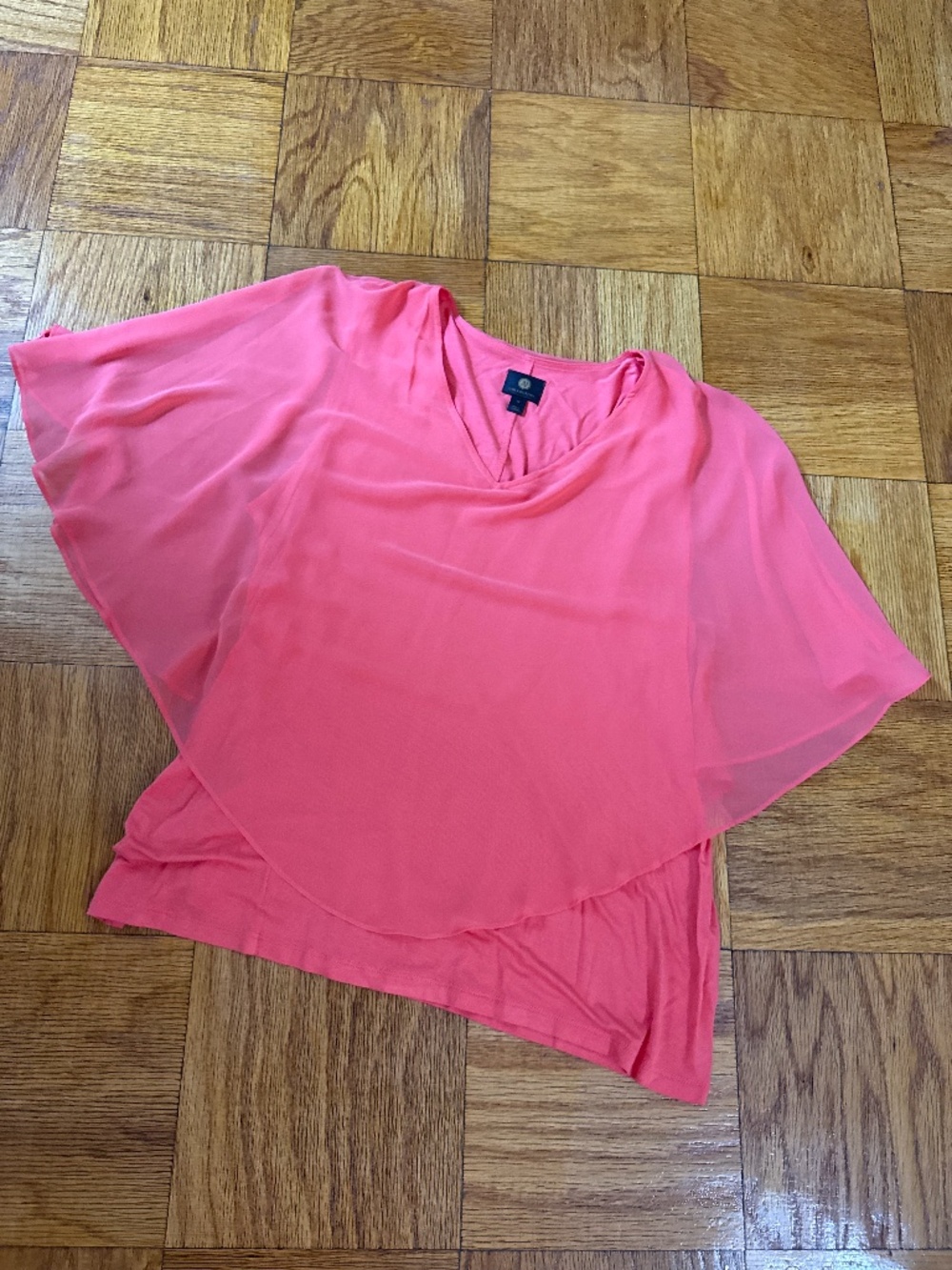 JM Collection coral top with sheer butterfly overlay, size 1X